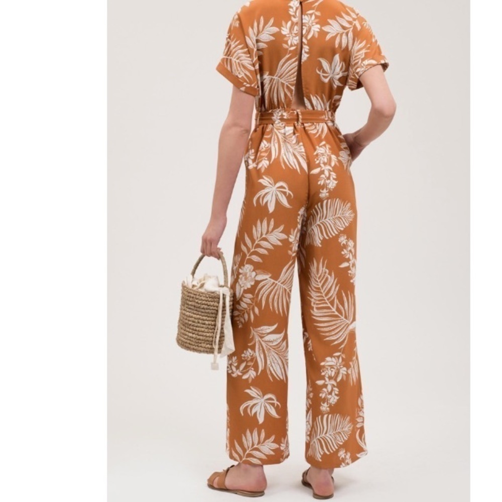 Blu Pepper Tropical Leaf Rust Open Back Jumpsuit - image 5